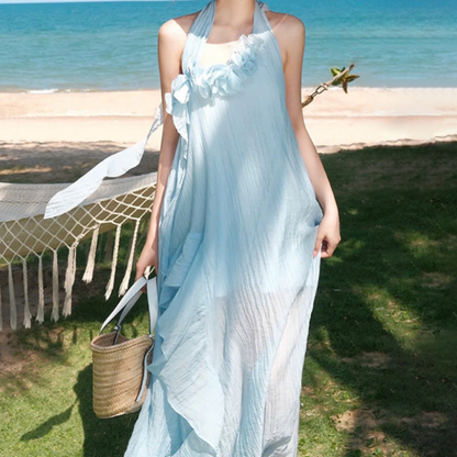 Halter flower applique textured irregular maxi dress  | Festival Outfits Women