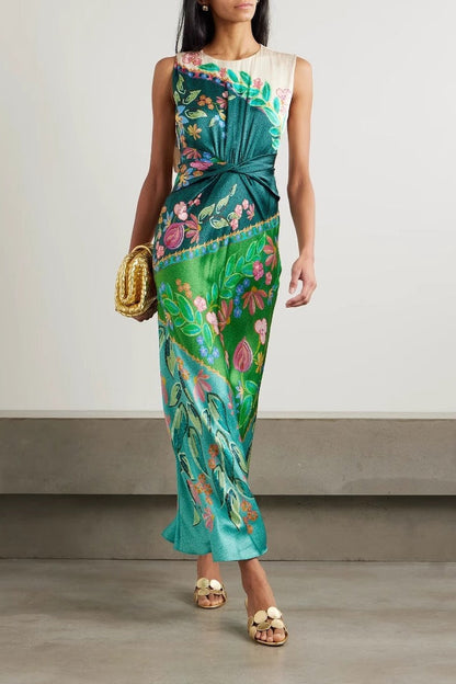 Satin Knot Front Sleeveless Midi Dress