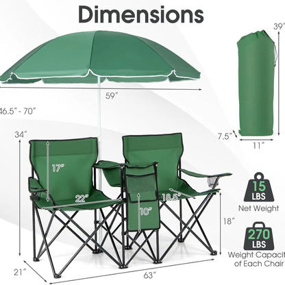 Double Folding Camping Chairs w/ Umbrella & Cooler Bag