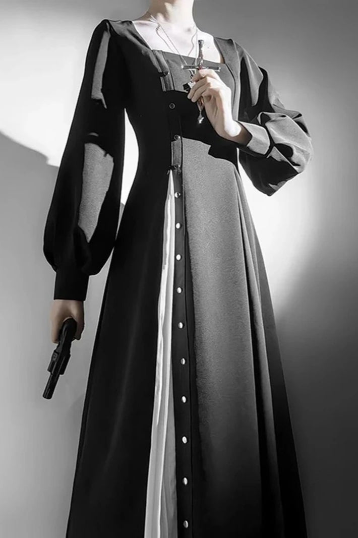 Dark Lolita Halloween Cosplay Draped Long Sleeve Maxi Dress