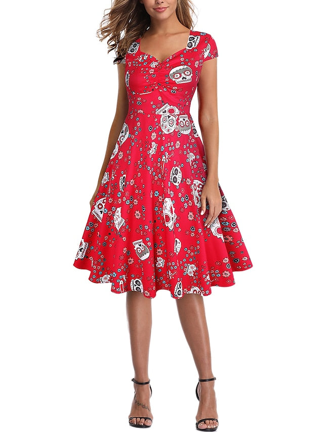 1950s Vintage Vintage Dress Midi Dress Going out Summer Dress Print Bull One Shoulder Short Sleeve Regular Fit Summer Spring  Red S M L XL for Women