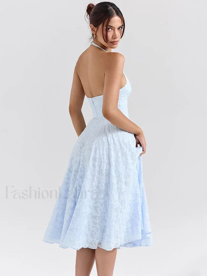 Deep V Halter Pleated Midi Dress