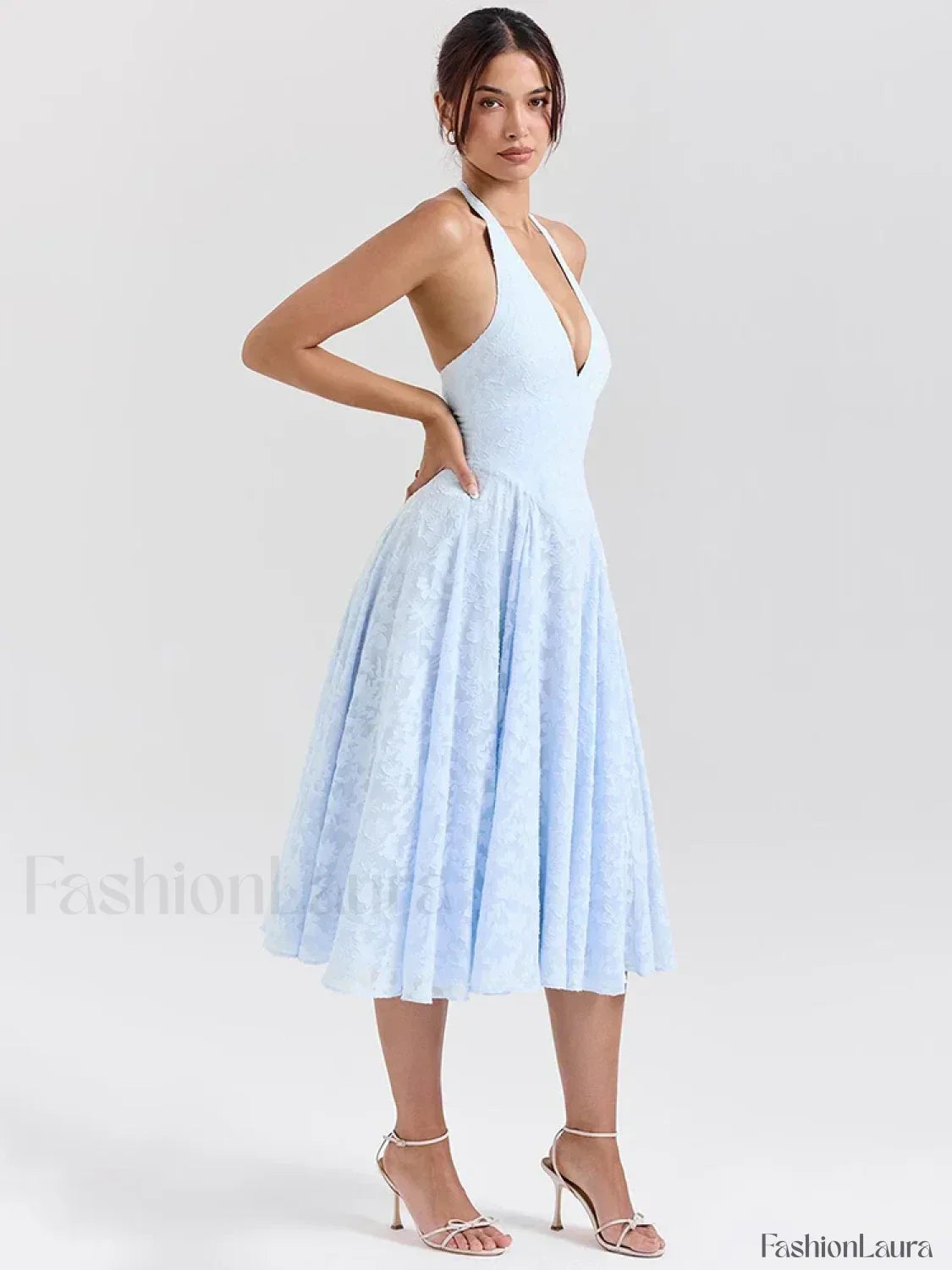 Deep V Halter Pleated Midi Dress