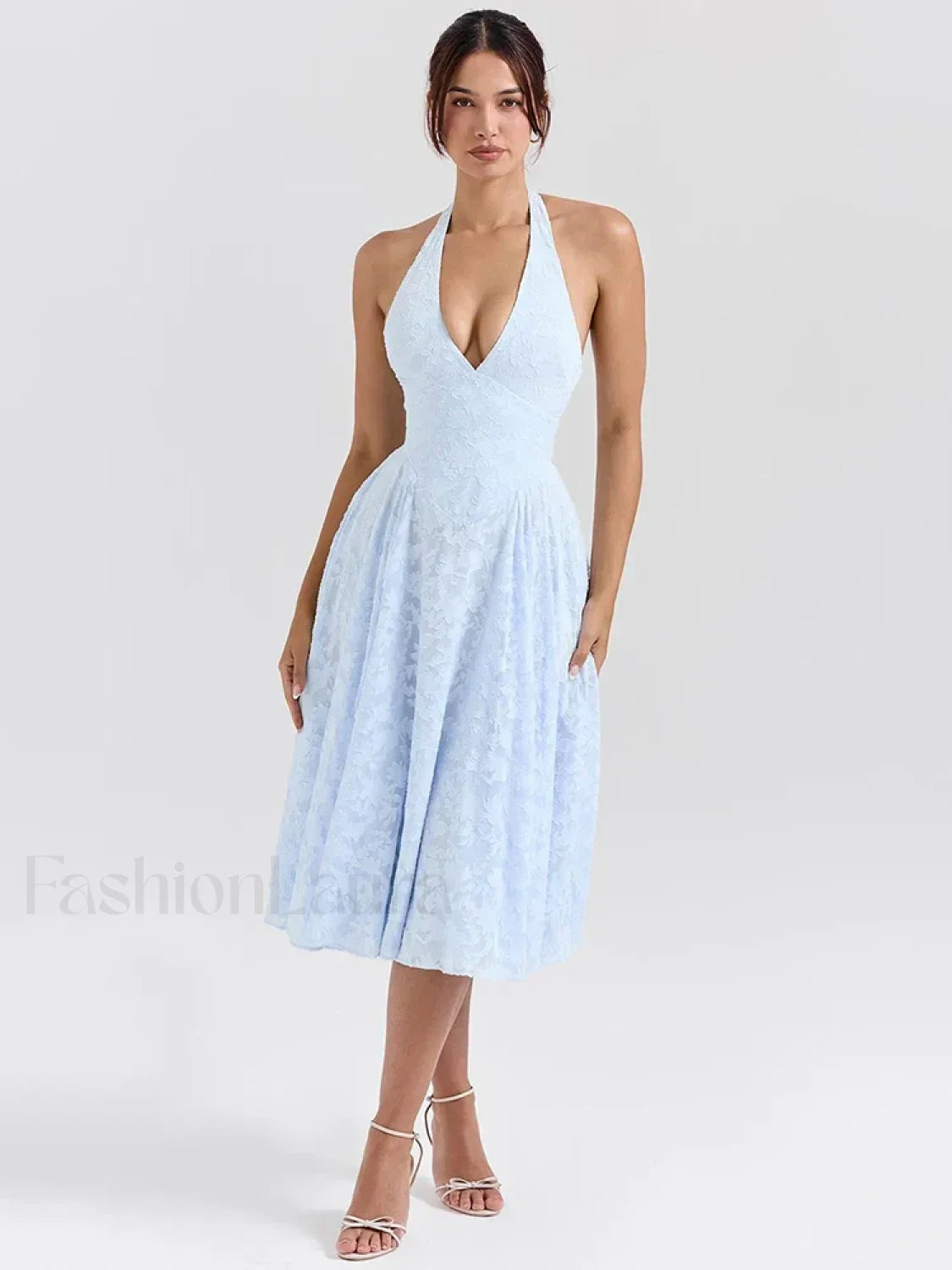 Deep V Halter Pleated Midi Dress