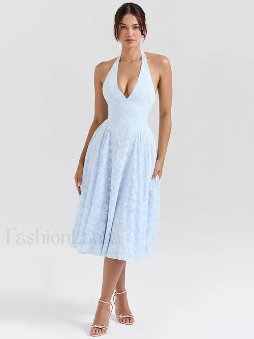 Deep V Halter Pleated Midi Dress