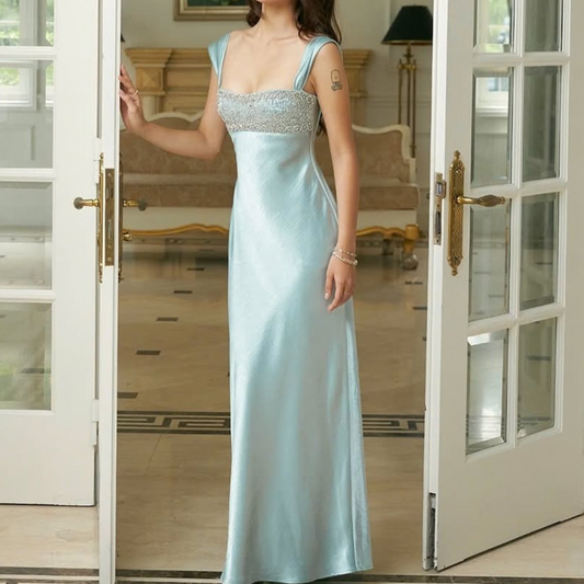 Square neck beaded satin maxi dress  | Festival Outfits Women