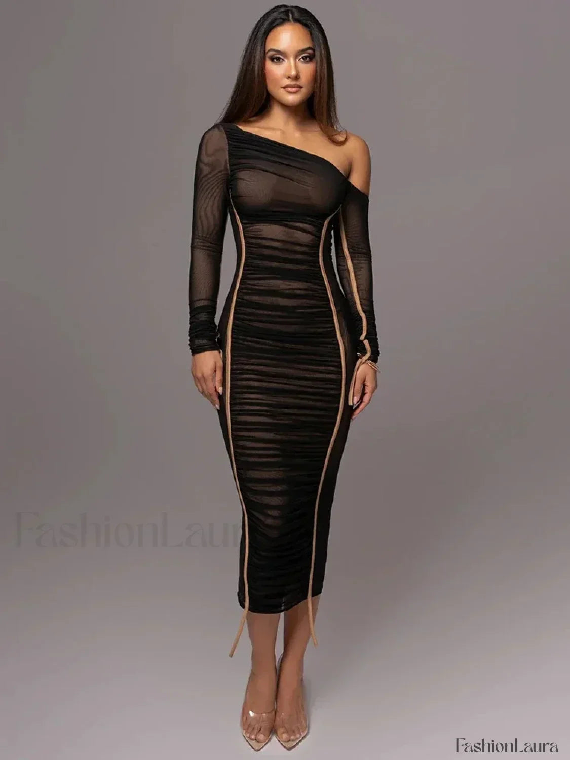 Diagonal Collar Mesh Backless Ruched Bodycon Long Midi Dress
