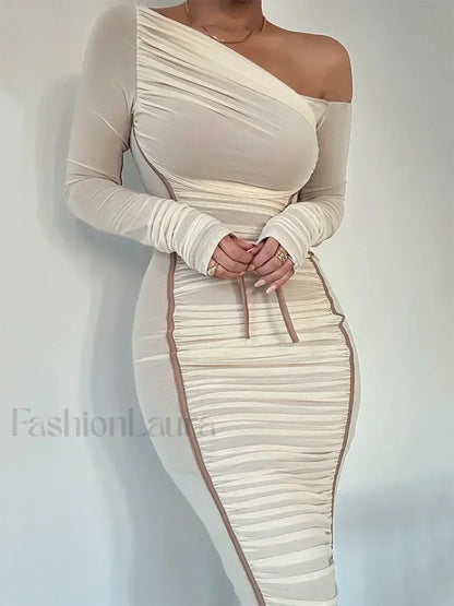 Diagonal Collar Mesh Backless Ruched Bodycon Long Midi Dress