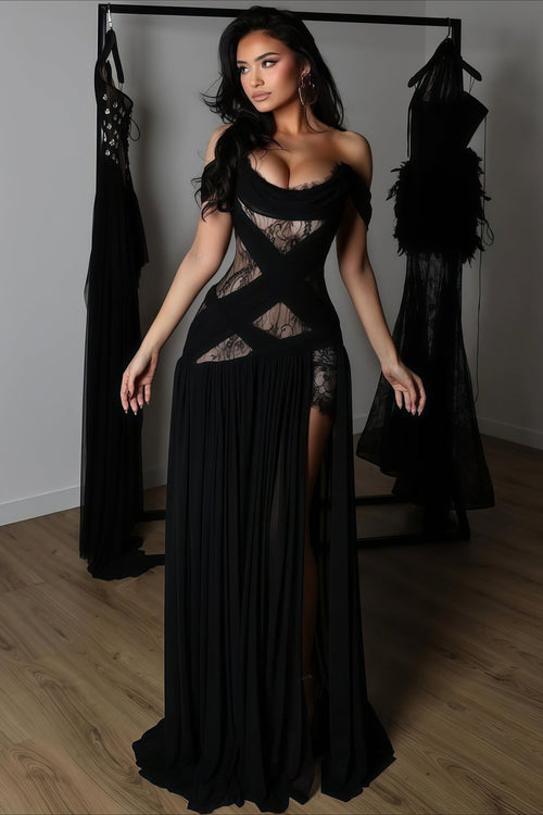 Sexy Lace Patchwork Cutout Sheer Slit Maxi Dress