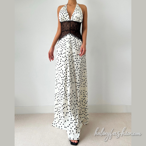 Polka dot halter self tie v neck lace maxi dress