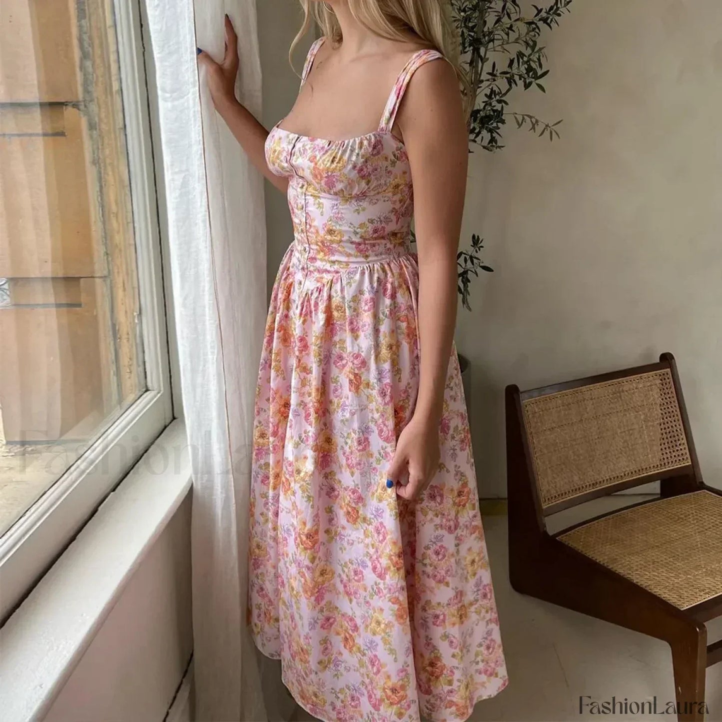 Elegant Summer Floral Print Midi Dress Yellow Lace Up Pocket Floral Dress