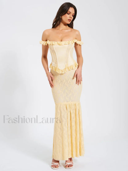 Ersilia Pale Yellow Satin Lace Trendy Peplum Corset Off Shoulder Maxi Dress