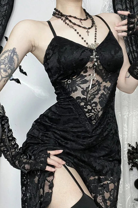 Gothic Vintage Lace Split See Through Maxi Dress