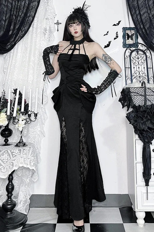 Vintage Alt Goth Lace Patchwork See Through Maxi Dress