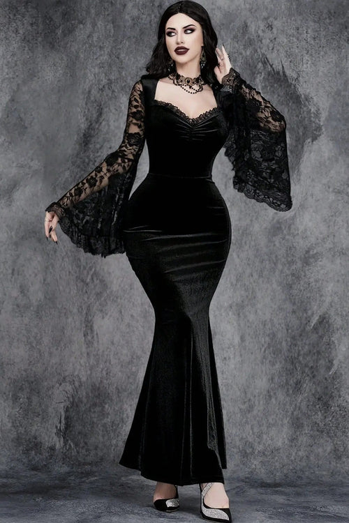 Gothic Vintage Lace Patchwork See Through Flare Sleeve Maxi Dress