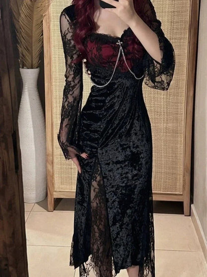 Gothic Lace Slim Midi Dress