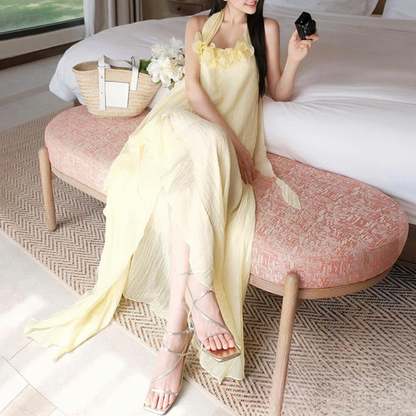 Halter flower applique textured irregular maxi dress  | Festival Outfits Women