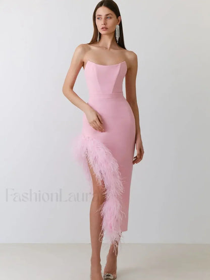 Feather Strapless Bandage Midi Dress