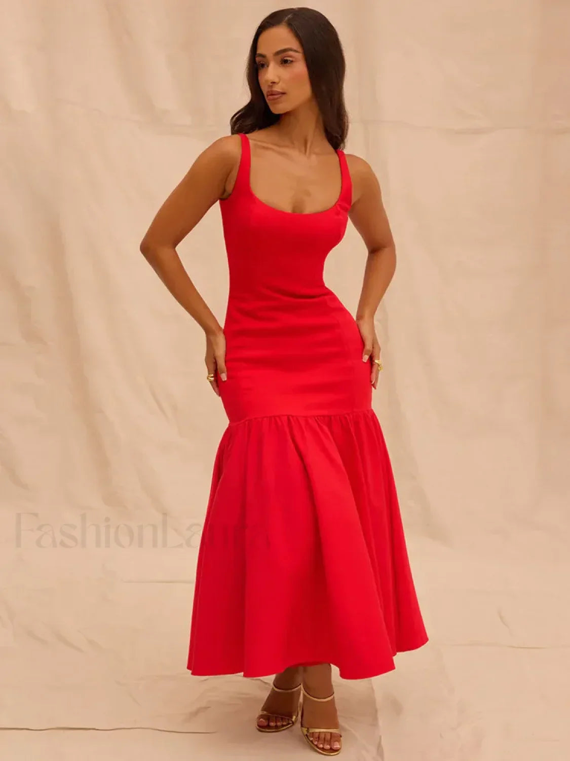 Fishtail Square-Collar Midi Dress