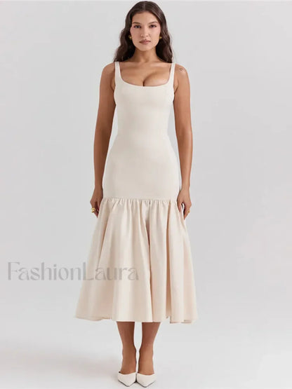 Fishtail Square-Collar Midi Dress