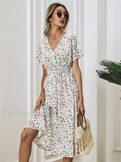 Floral Chic Short Sleeve Women's Fashionable Long Midi Dress
