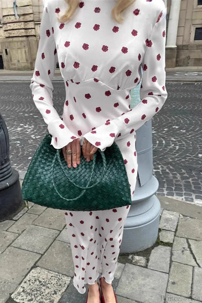 Floral Round Neck Flare Sleeve Fitted Maxi Dress