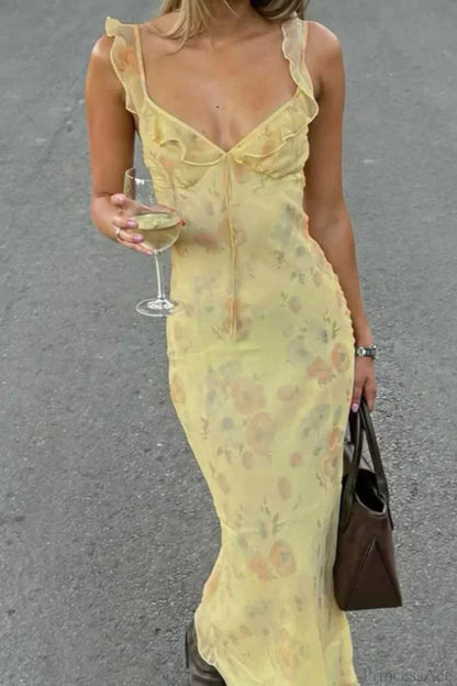 Floral Ruffle Strap Ruffled Sleeve Maxi Dress