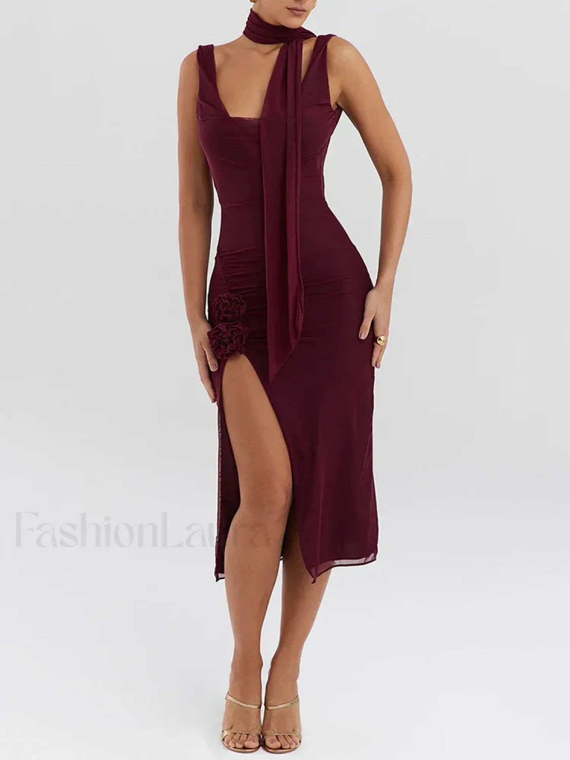 Flower High-Split Midi Dress