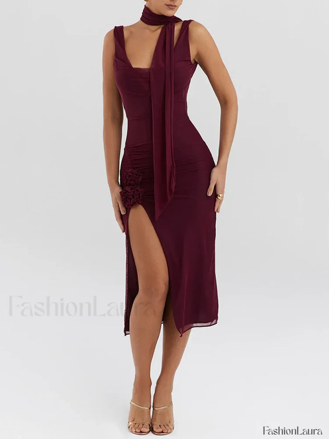 Flower High-Split Midi Dress