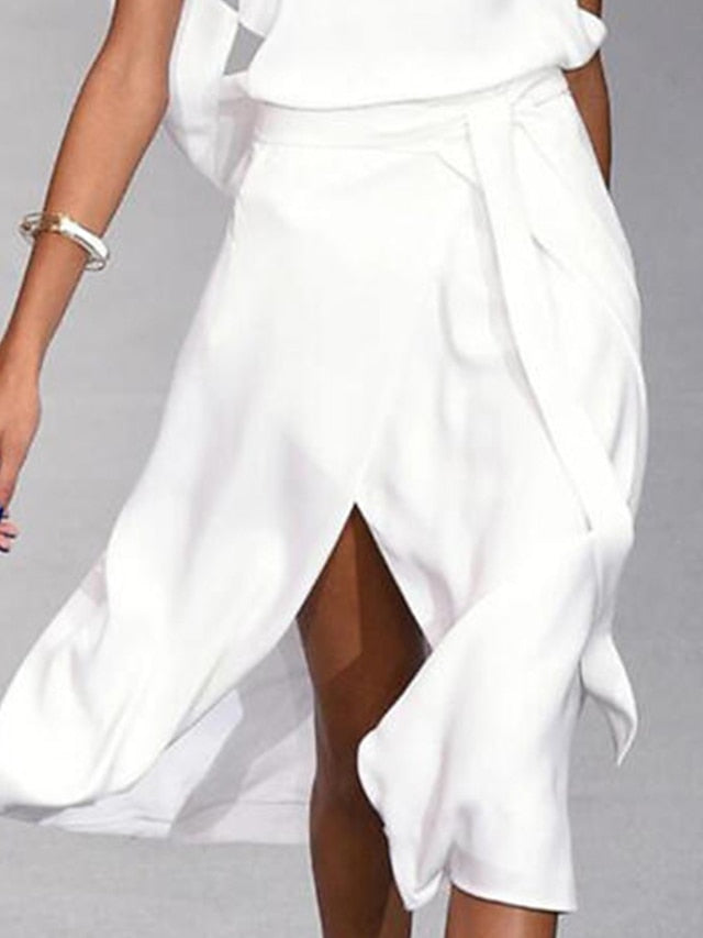 A Line Dress Midi Dress White Black Gray Sleeveless Pure Color Split Spring Summer cold shoulder Personalized Stylish Elegant Loose  S M L XL XXL for Women