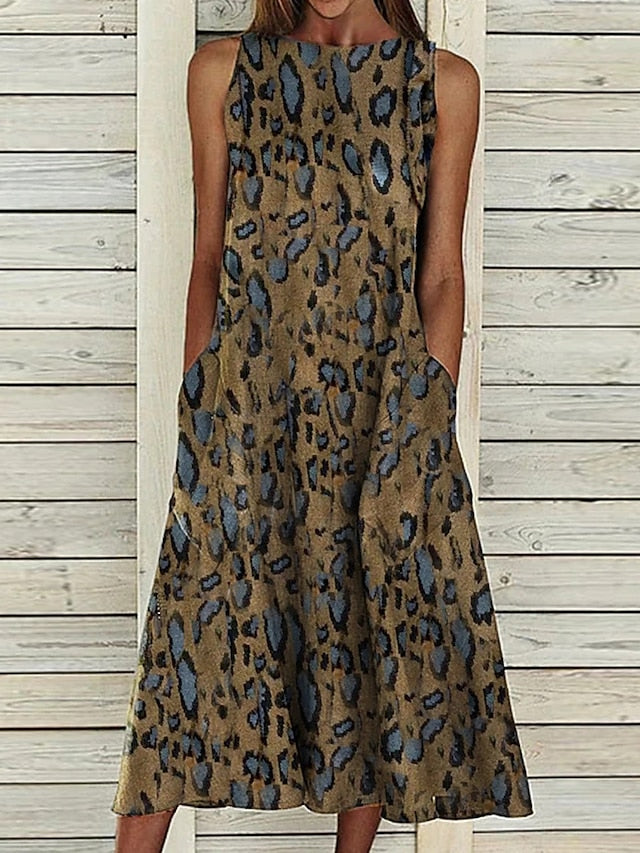 A Line Dress Midi Dress Sleeveless Floral Pocket Cold Shoulder Print Spring Summer Round Neck Casual Vintage Going out  S M L XL XXL Cotton for Women
