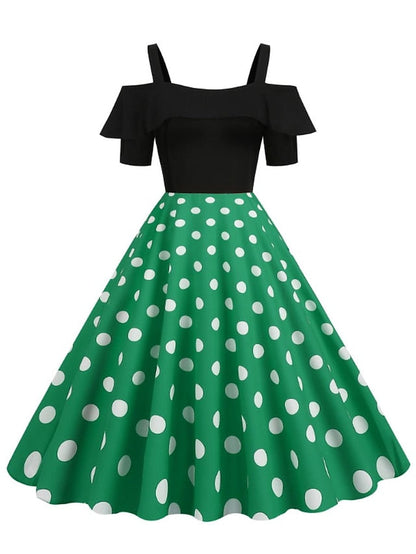 1950s Vintage Vintage Dress Midi Dress Holiday Date Ruched Print Polka Dot Spaghetti Strap Short Sleeve Regular Fit Summer Spring  Black Yellow S M L XL for Women