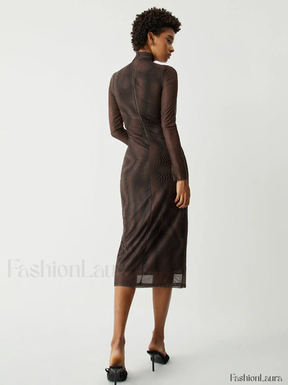 Illusion Tulle Print Mock Modern Neck Mesh Midi Dress