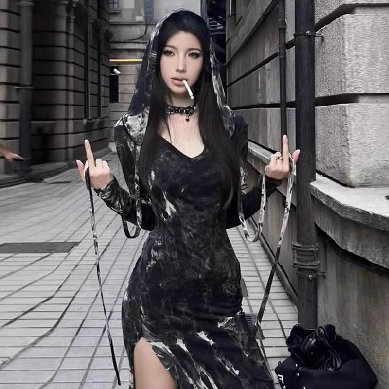 Long sleeve slit tie dye v neck maxi dress  | Festival Outfits Women