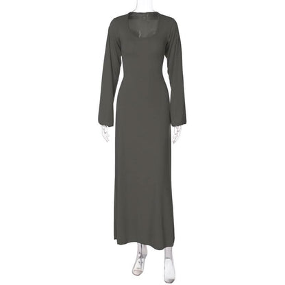 Long sleeve u neck ribbed solid maxi dress  | Festival Outfits Women