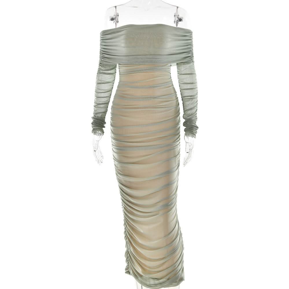 Off shoulder long sleeve slit mesh ruched maxi dress  | Festival Outfits Women