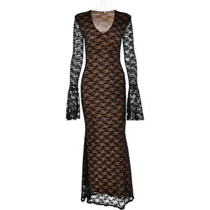 Long flared sleeve lace v neck patchwork maxi dress  | Festival Outfits Women