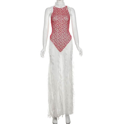 High neck patchwork tassels backless maxi dress  | Festival Outfits Women
