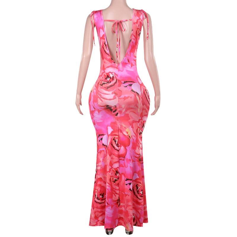 Cowl neck self tie flower print backless maxi dress  | Festival Outfits Women