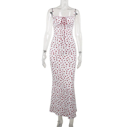 Bowknot ribbon stitch flower print polka dot cami maxi dress  | Festival Outfits Women
