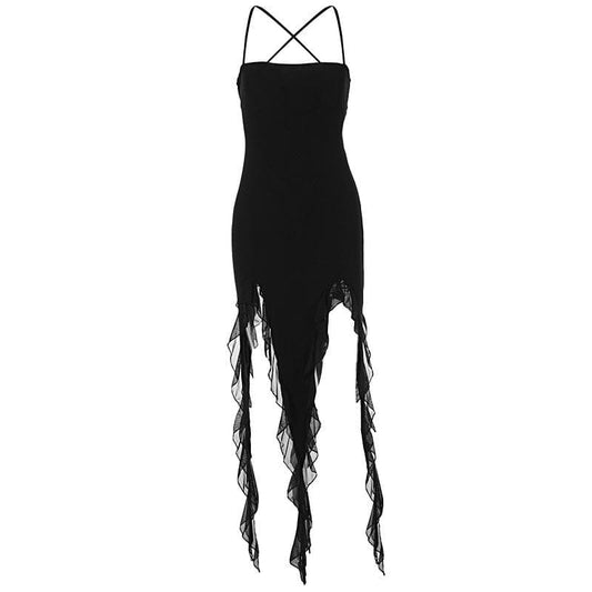 Ruffle cross back solid lace up cami maxi dress  | Festival Outfits Women