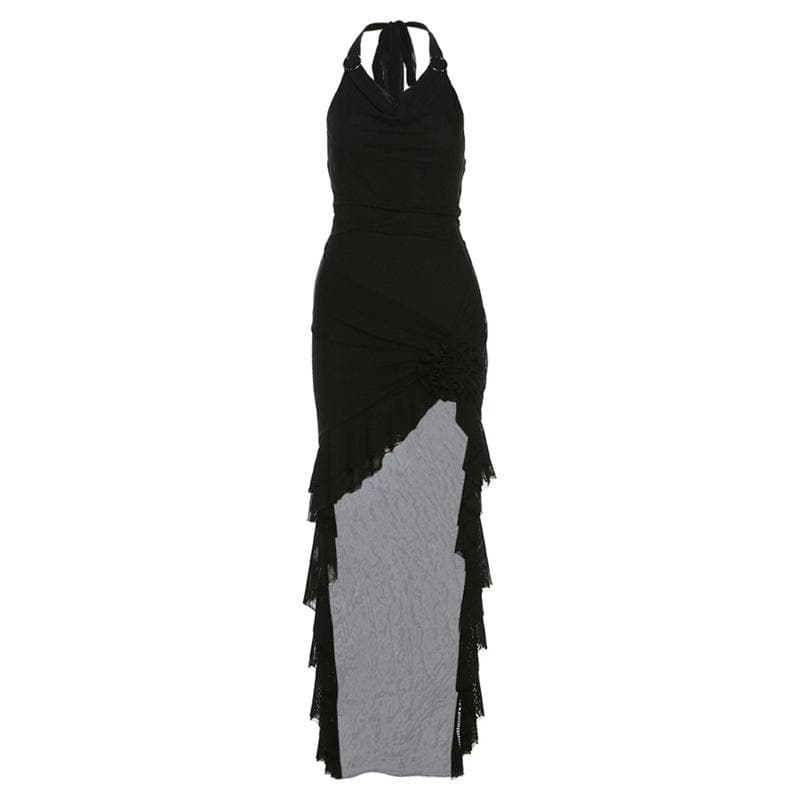 Halter cowl neck flower applique ruffle maxi dress  | Festival Outfits Women