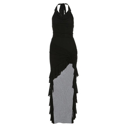 Halter cowl neck flower applique ruffle maxi dress  | Festival Outfits Women