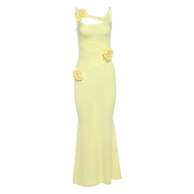 Hollow out rose applique solid cami cut out maxi dress  | Festival Outfits Women