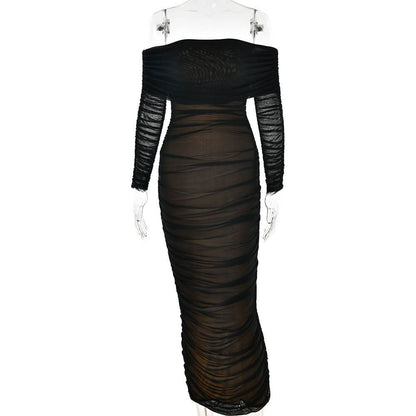 Off shoulder long sleeve slit mesh ruched maxi dress  | Festival Outfits Women