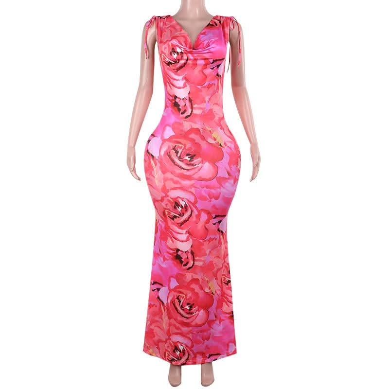 Cowl neck self tie flower print backless maxi dress  | Festival Outfits Women