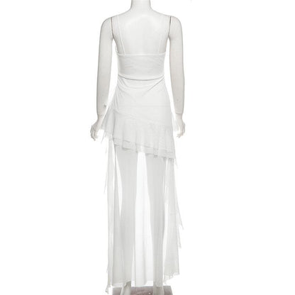 Ruched mesh ruffle sweetheart neck cami maxi dress  | Festival Outfits Women