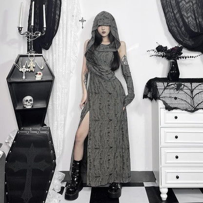 Hoodie ruched ruffle slit maxi dress  | Festival Outfits Women