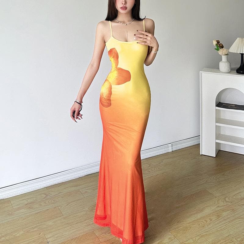 U neck gradient flower print cami maxi dress  | Festival Outfits Women
