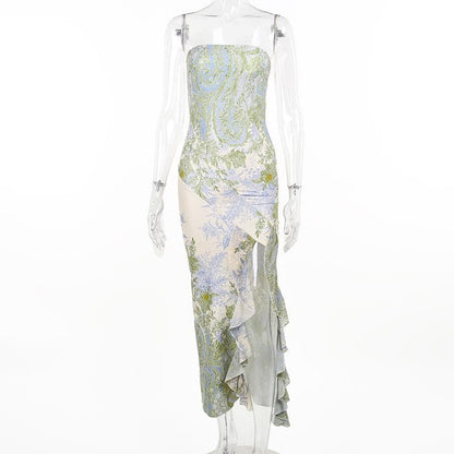 Flower print slit irregular contrast backless maxi dress